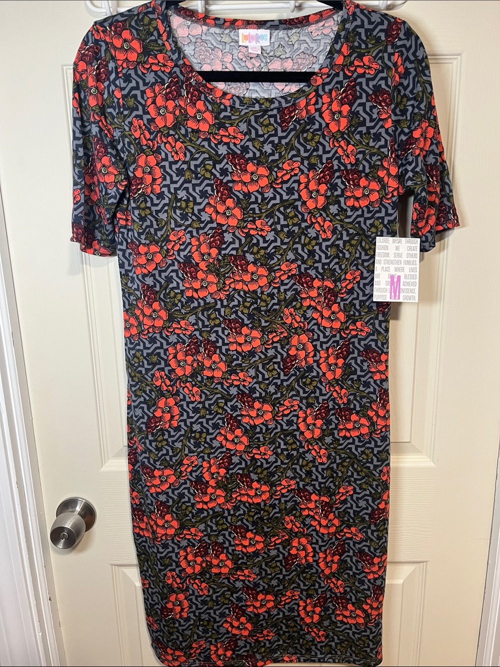 LuLaRoe Red Floral Midi Dress on Blue and Olive Pattern